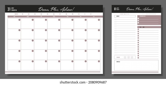 Set of planners. Daily and monthly planner template. Blank notebook page isolated on grey. Business organizer page. Paper sheet.