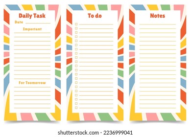 Set of planners, daily tasks, to do list, notes pages template. Vertical journal on abstract colorful striped rays pattern background. Vector illustration