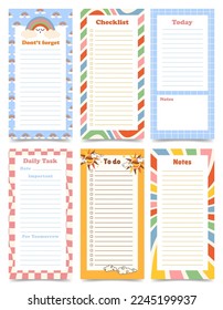 Set of planners, daily tasks, to do list, notes, tasks for today pages template. Vertical journal on abstract colorful pattern background. Y2k style. Vector illustration