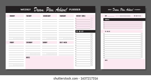 Set of planners. Daily and weekly planner template. Blank notebook page isolated on grey. Business organizer page. Paper sheet.