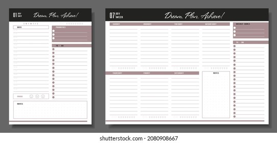 Set of planners. Daily and weekly planner template. Blank notebook page isolated on grey. Business organizer page. Paper sheet.