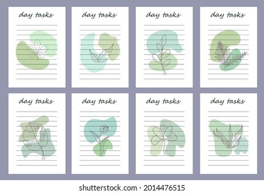 Set of planners day tasks. Planners with original designs and images of leaves and flowers for recording plans, events, holidays, self-education, development.