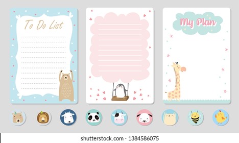 Set of planners and to do list with cute 
animal illustrations. Template for agenda, planners, check lists, notebooks, cards, stickers, and other stationery. Vector background