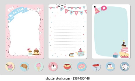 Set of planners and to do list with cute 
dessert illustrations. Template for agenda, planners, check lists, notebooks, cards, stickers, and other stationery. Vector background
