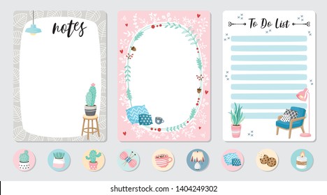 Set of planners and to do list with cute  illustrations. Template for agenda, planners, check lists, notebooks, cards, stickers, and other stationery. Vector background