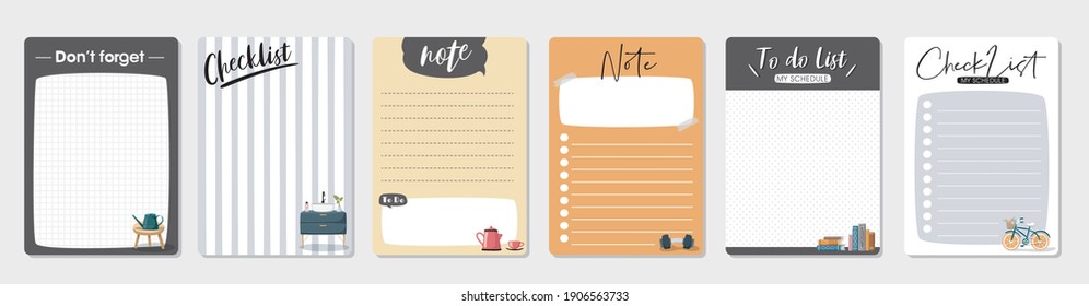 Set of planners and to do list with cute illustrations. Template for agenda, schedule, planners, checklists, notebooks, cards and other stationery.