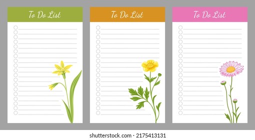Set of planners and to do list, decorated with flowers. Template for agenda, schedule, checklist, notebook, card. Wish list collection with wildflowers. Journal and planner design vector illustration.