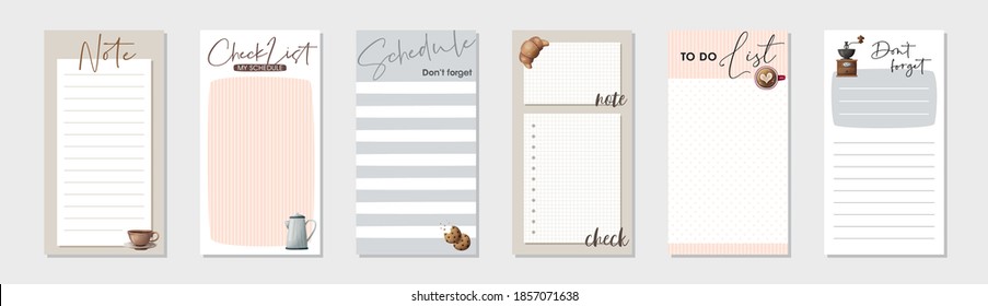 Set of planners and to do list with hand drawn coffee and dessert illustrations. Template for agenda, schedule, planners, checklists, notebooks, cards and other stationery.