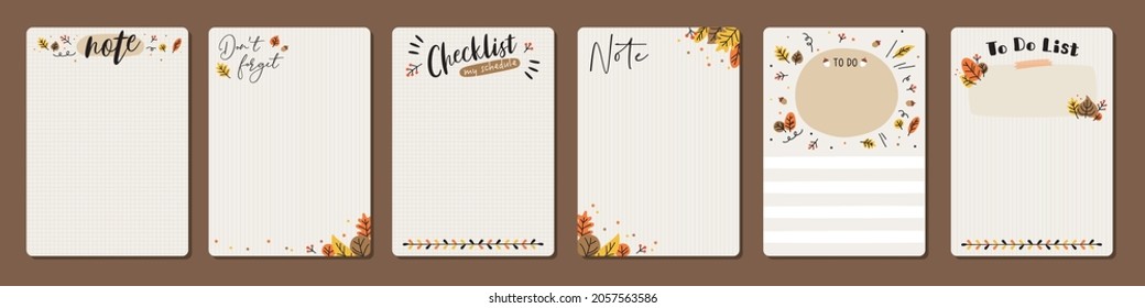 Conjunto de planificadores y para hacer lista con hojas de otoño dibujadas a mano. Plantilla para agenda, agenda, planificadores, listas de verificación, cuadernos, tarjetas y otros artículos de papelería.