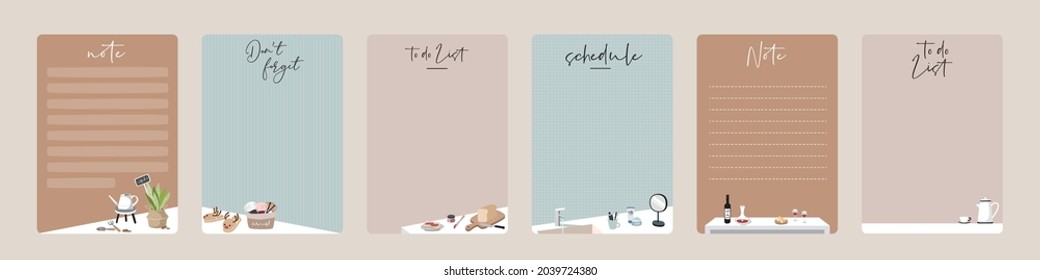 Set of planners and to do list with home interior decor illustrations. Template for agenda, schedule, planners, checklists, notebooks, cards and other stationery.