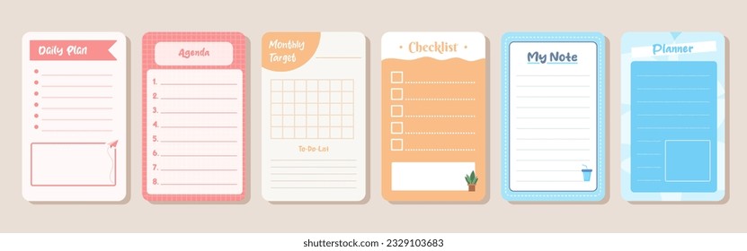 Set of planners and to do list with home interior decor illustrations. Template for agenda, schedule, planners, checklists, notebooks, cards and other stationery.