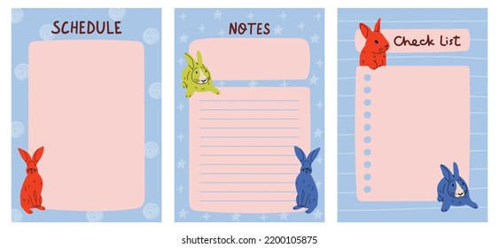 Set von Planern und Liste mit Kaninchen Illustrationen. Vorlage für Tagesordnung, Zeitplan, Planer, Checklisten, Notebooks, Karten und andere Schreibwaren.
