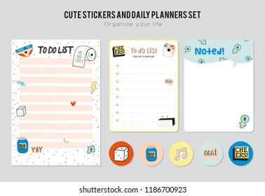 Set of planners and to do list with simple scandinavian illustrations and trendy lettering. Template for agenda, planners, check lists, and other stationery. Isolated. Vector background