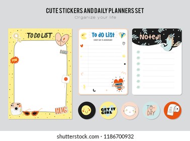 Set of planners and to do list with simple scandinavian illustrations and trendy lettering. Template for agenda, planners, check lists, and other stationery. Isolated. Vector background