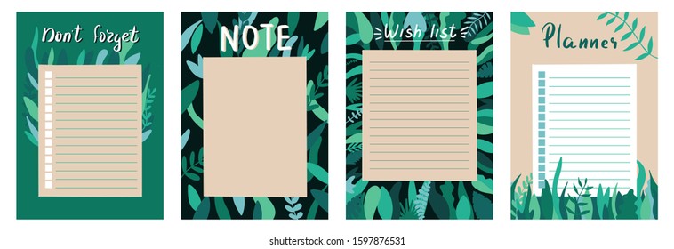 Set of planners and to do list with simple scandinavian with leaves illustrations and trendy lettering. Template for agenda, planners, check lists, and other stationery. Isolated. Vector background