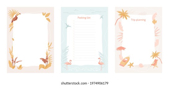 Set of planners and to do list. Tropical illustration, paradise resort planning list with summer elements, yacht, parrot, flamingo, palm trees, leaves. Template for agenda, schedule, notebooks, cards
