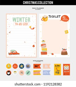 Set of planners and to do lists with Christmas scandinavian illustrations and trendy lettering. Template for agenda, planners, check lists, and other stationery. Isolated. Vector background