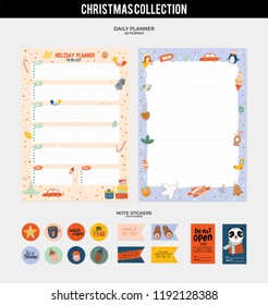 Set of planners and to do lists with Christmas scandinavian illustrations and trendy lettering. Template for agenda, planners, check lists, and other stationery. Isolated. Vector background