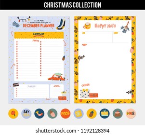 Set of planners and to do lists with Christmas scandinavian illustrations and trendy lettering. Template for agenda, planners, check lists, and other stationery. Isolated. Vector background