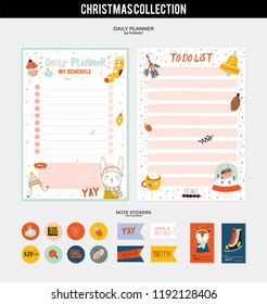 Set of planners and to do lists with Christmas scandinavian illustrations and trendy lettering. Template for agenda, planners, check lists, and other stationery. Isolated. Vector background