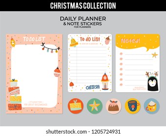 Set of planners and to do lists with Christmas scandinavian illustrations and trendy lettering. Template for agenda, planners, check lists, and other stationery. Isolated. Vector background