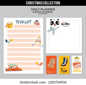 Set of planners and to do lists with Christmas scandinavian illustrations and trendy lettering. Template for agenda, planners, check lists, and other stationery. Isolated. Vector background