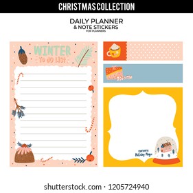 Set of planners and to do lists with Christmas scandinavian illustrations and trendy lettering. Template for agenda, planners, check lists, and other stationery. Isolated. Vector background