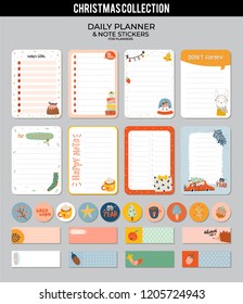 Set of planners and to do lists with Christmas scandinavian illustrations and trendy lettering. Template for agenda, planners, check lists, and other stationery. Isolated. Vector background