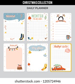 Set of planners and to do lists with Christmas scandinavian illustrations and trendy lettering. Template for agenda, planners, check lists, and other stationery. Isolated. Vector background