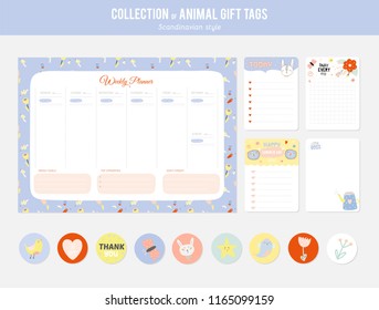 Set of planners and to do lists with cute animal illustrations and trendy lettering. Template for agenda, planners, check lists, and other stationery. Isolated. Vector. Scandinavian stationery design