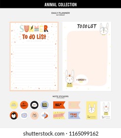 Set of planners and to do lists with cute animal illustrations and trendy lettering. Template for agenda, planners, check lists, and other stationery. Isolated. Vector. Scandinavian stationery design