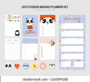 Set of planners and to do lists with cute animal illustrations and trendy lettering. Template for agenda, planners, check lists, and other stationery. Isolated. Vector. Scandinavian stationery design