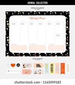 Set of planners and to do lists with cute animal illustrations and trendy lettering. Template for agenda, planners, check lists, and other stationery. Isolated. Vector. Scandinavian stationery design