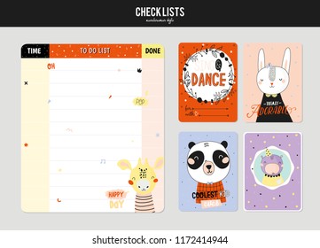 Set of planners and to do lists with cute animal illustrations and trendy lettering. Template for agenda, planners, check lists, and other stationery. Isolated. Vector. Scandinavian stationery design
