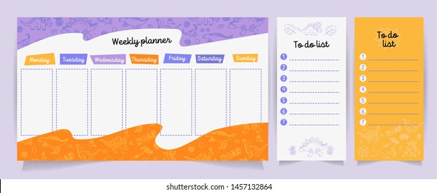 Set of planners and to do lists with cute dino illustrations and lettering. Template for agenda, planners, check lists, and other stationery. Isolated. Vector. Line doodle stationery design.