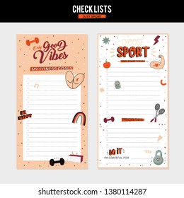 Set of planners and to do lists with firness and sport  illustrations and trendy lettering. Template for agenda, planners, check lists, and other stationery. Isolated. Vector background