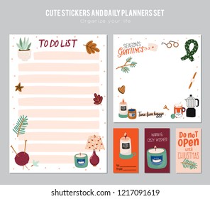 Set of planners and to do lists with Hygge scandinavian illustrations and trendy lettering. Template for agenda, planners, check lists, and other stationery. Isolated. Vector background