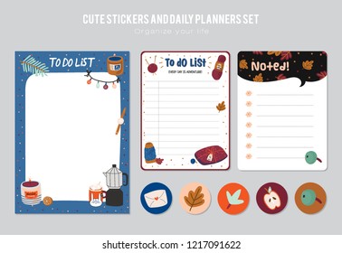 Set of planners and to do lists with Hygge scandinavian illustrations and trendy lettering. Template for agenda, planners, check lists, and other stationery. Isolated. Vector background