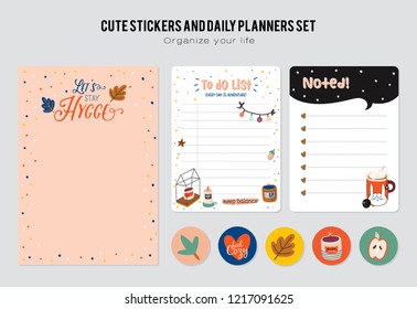 Set of planners and to do lists with Hygge scandinavian illustrations and trendy lettering. Template for agenda, planners, check lists, and other stationery. Isolated. Vector background