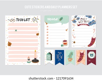 Set of planners and to do lists with Hygge scandinavian illustrations and trendy lettering. Template for agenda, planners, check lists, and other stationery. Isolated. Vector background