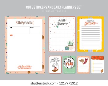 Set of planners and to do lists with Hygge scandinavian illustrations and trendy lettering. Template for agenda, planners, check lists, and other stationery. Isolated. Vector background