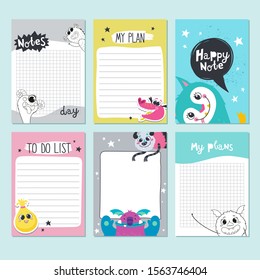 Set of planners and to do lists with illustrations of cute monsters and trendy lettering. Template for agendas, planners, check lists and other stationery. Isolated. Vector.