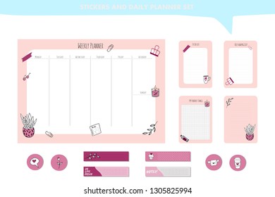 Set of planners and to do lists with scandinavian illustrations and trendy lettering. Template for agenda, planners, my fav things, and other stationery. Isolated. Vector background