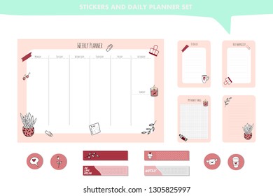 Set of planners and to do lists with scandinavian illustrations and trendy lettering. Template for agenda, planners, my fav things, and other stationery. Isolated. Vector background