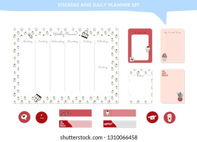 Set of planners and to do lists with scandinavian illustrations and trendy lettering. Template for agenda, planners, my fav things, and other stationery. Isolated. Vector background