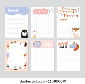 Set of planners and to do lists with simple scandinavian animal illustrations and trendy lettering. Template for agenda, planners, check lists, and other stationery. Isolated. Vector.