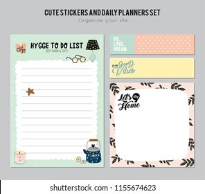 Set of planners and to do lists with simple scandinavian illustrations and trendy lettering. Template for agenda, planners, check lists, and other stationery. Isolated. Vector. White background