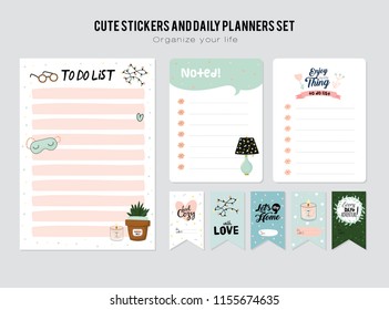 Set of planners and to do lists with simple scandinavian illustrations and trendy lettering. Template for agenda, planners, check lists, and other stationery. Isolated. Vector. White background