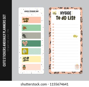Set of planners and to do lists with simple scandinavian illustrations and trendy lettering. Template for agenda, planners, check lists, and other stationery. Isolated. Vector. White background