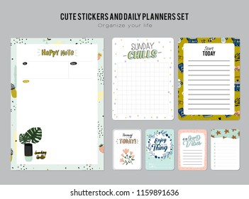 Set of planners and to do lists with simple scandinavian illustrations and trendy lettering. Template for agenda, planners, check lists, and other stationery. Isolated. Vector.